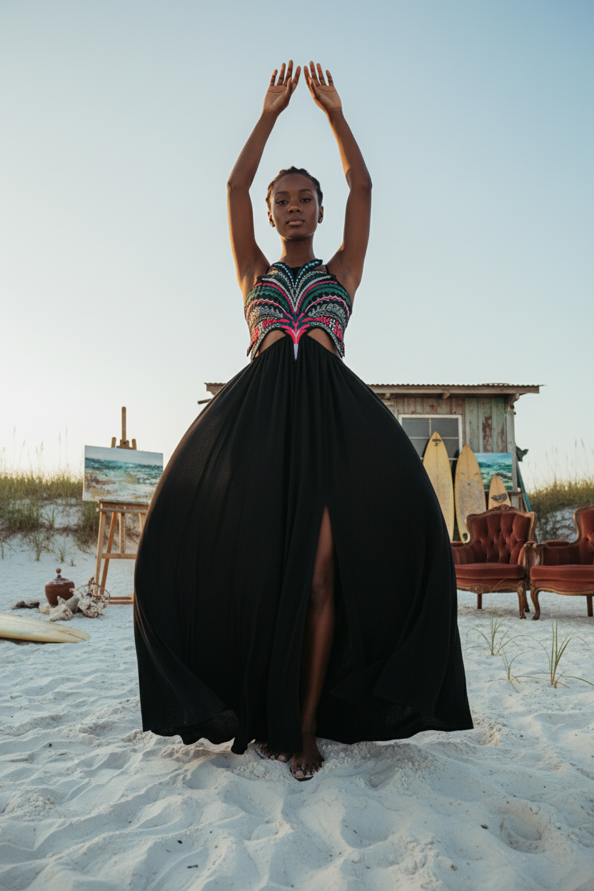 SCENE CONTEXT:
STUDIO SETTING: Editorial fashion photography of a young creative woman on a secluded