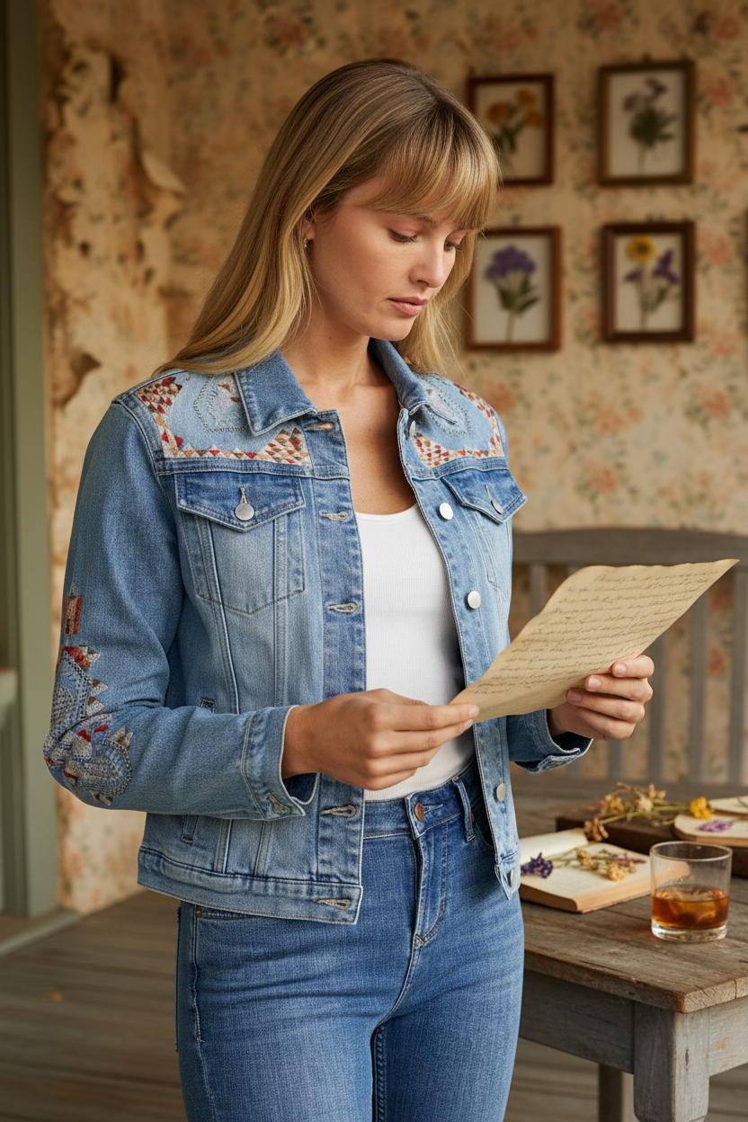 SCENE: A porch or garden in golden hour light. something she's making in her hands or nearby, drink 