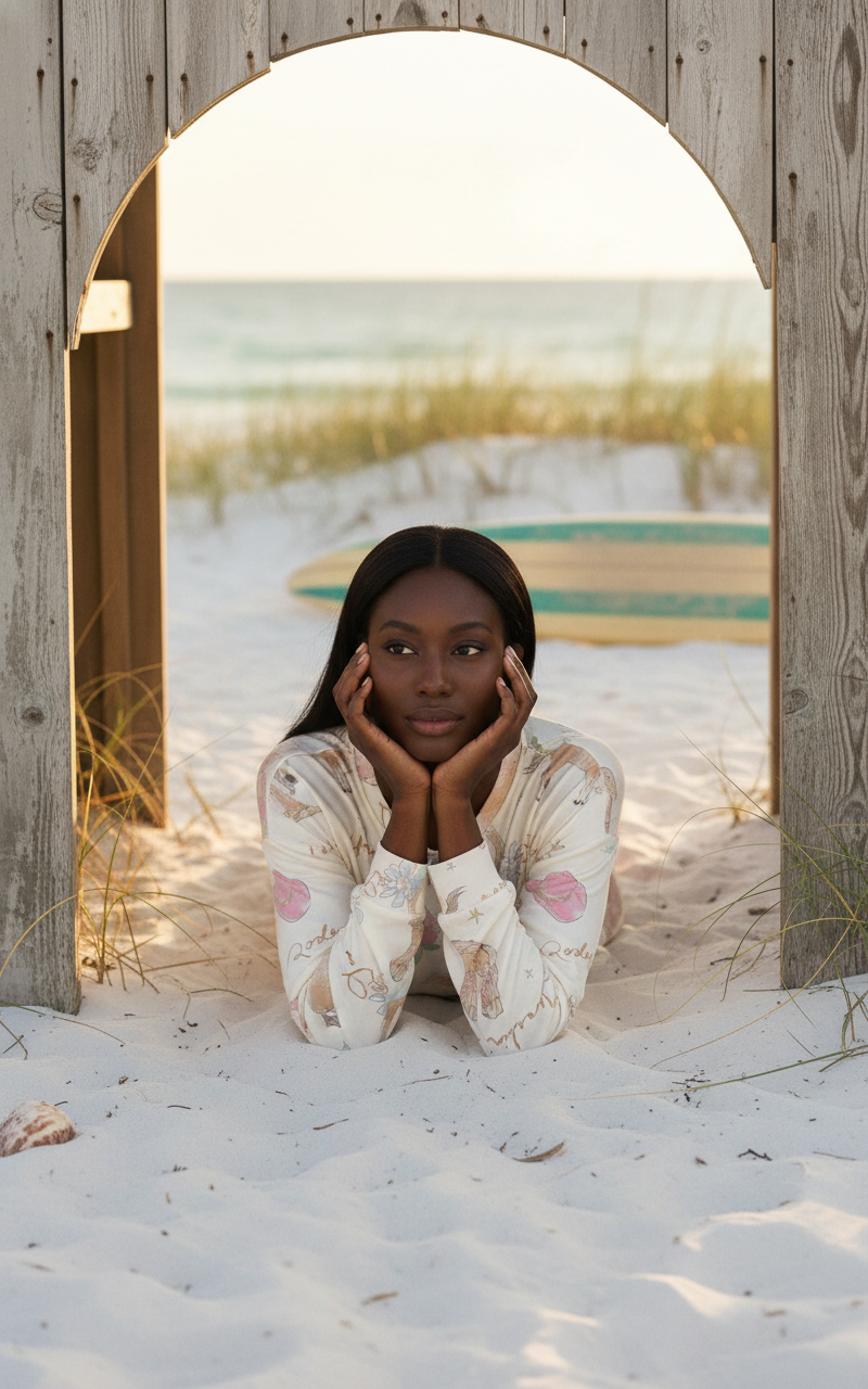SCENE CONTEXT:
STUDIO SETTING: Editorial fashion photography of a young creative woman on a secluded