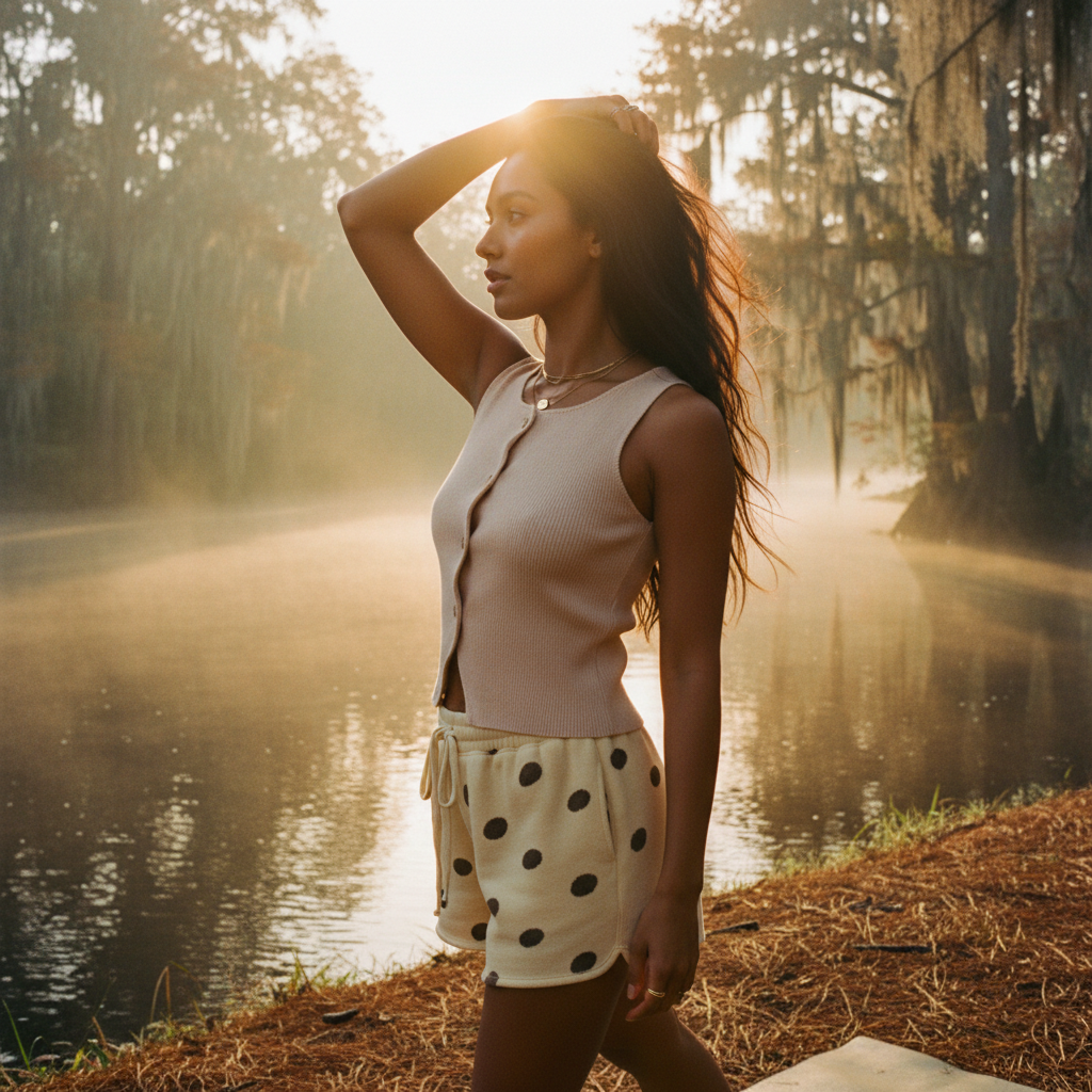 COMPOSITION: Side profile, 50mm lens, waist-up crop. Model fills 85%+ of vertical frame, positioned 