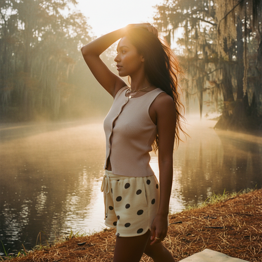 COMPOSITION: Side profile, 50mm lens, waist-up crop. Model fills 85%+ of vertical frame, positioned 