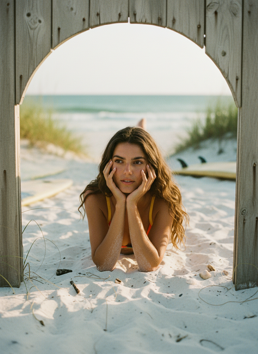 SCENE CONTEXT:
STUDIO SETTING: Editorial fashion photography of a young creative woman on a secluded