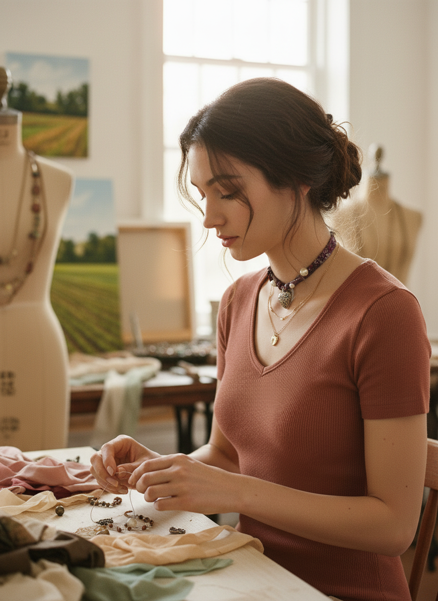 AI Editorial - OOAK Vintage Heart and Pearl Pin Scarf Necklace