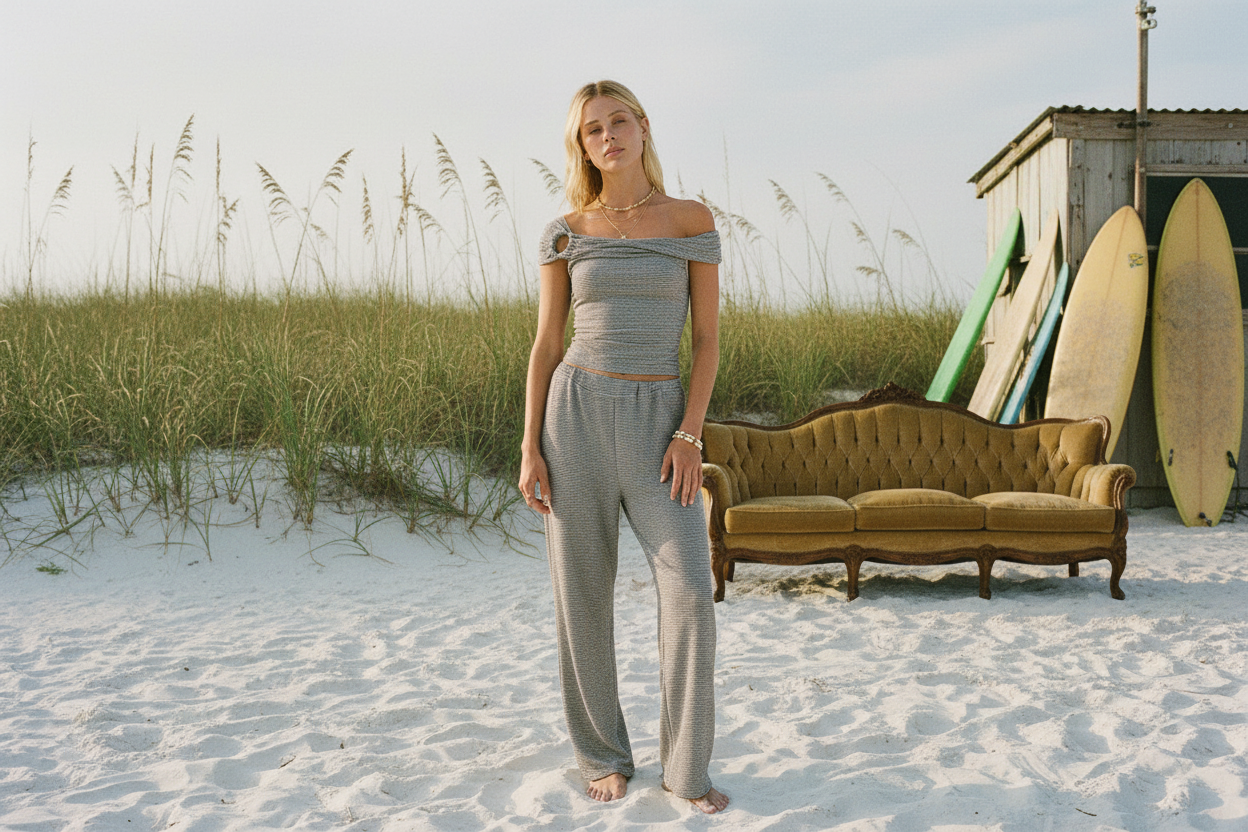 AI Editorial - Surf Gypsy Lurex Rib Off The Shoulder Top