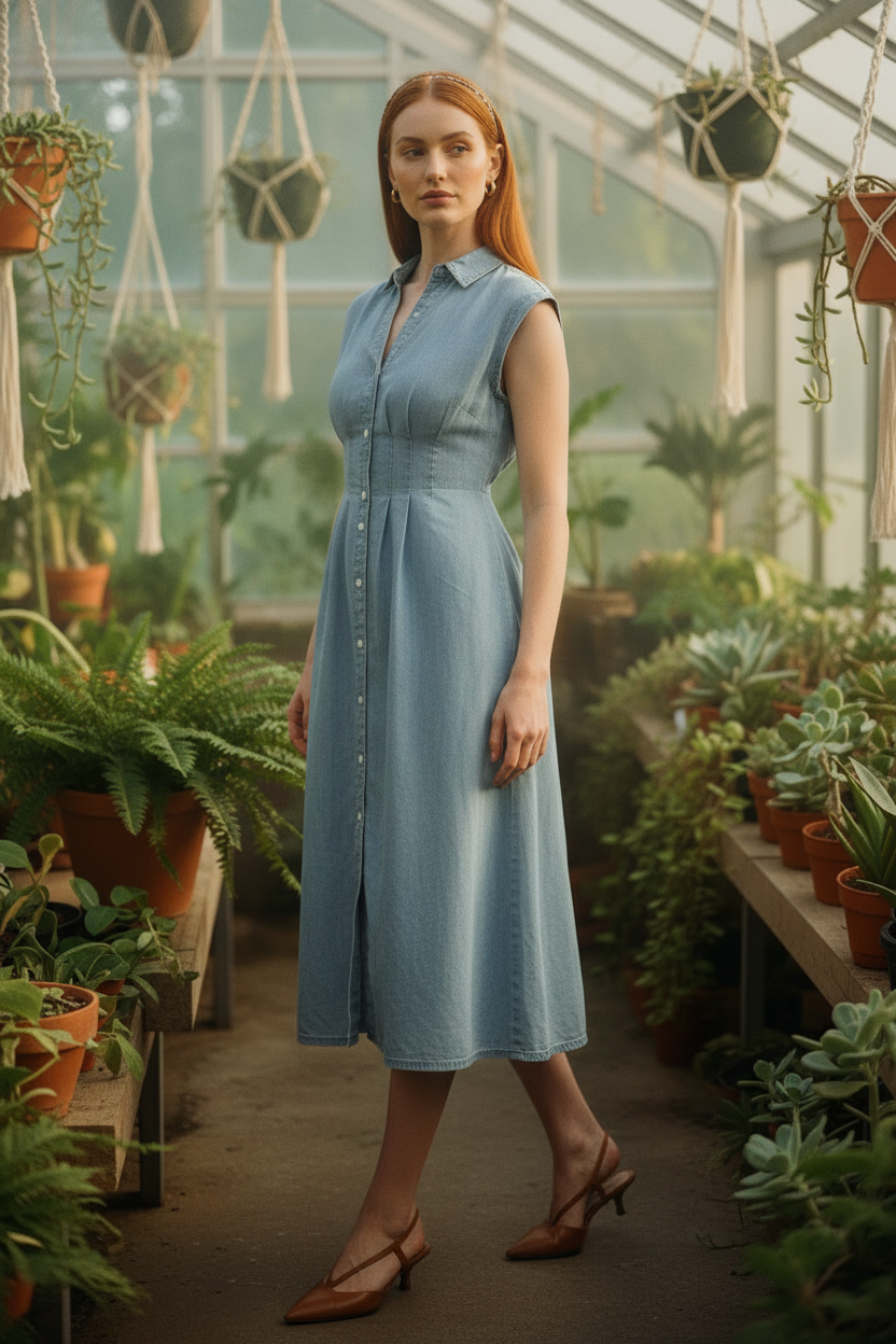 AI Editorial - Elan Denim Cap Sleeve Midi Dress