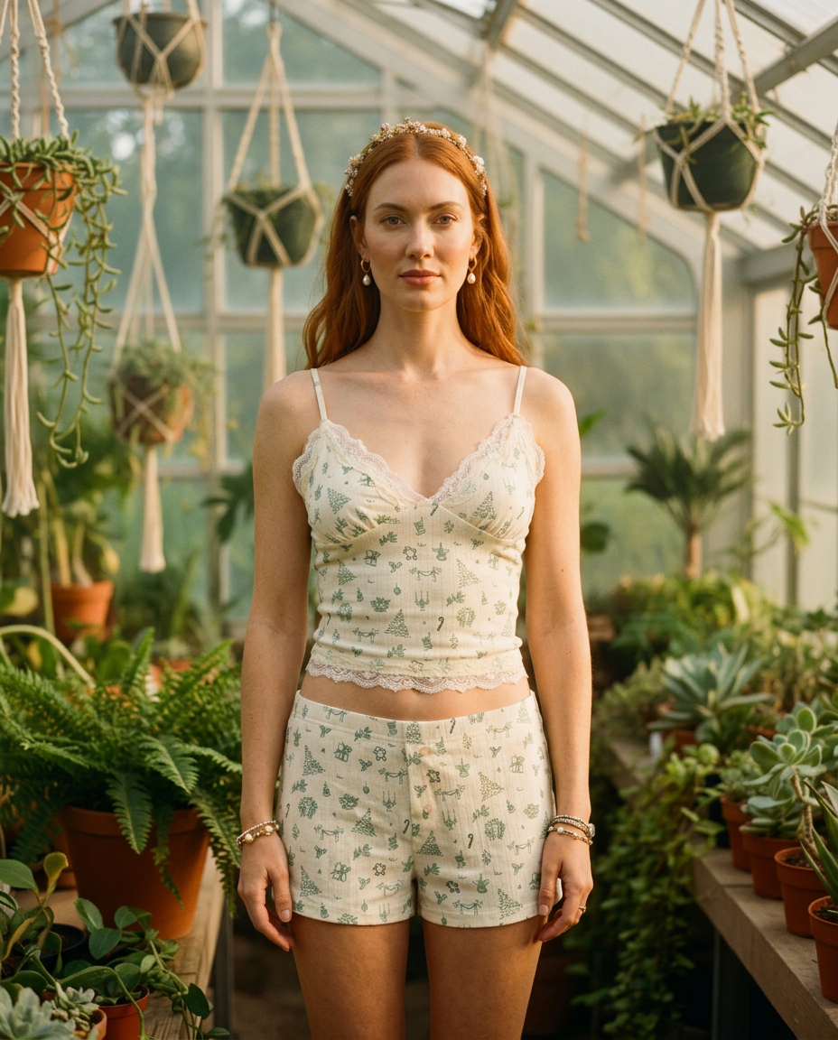 AI Editorial - Green Holiday Tree Lace Trim Cami Top