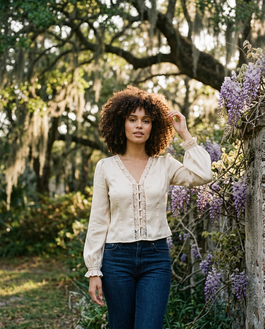 AI Editorial - Sage the Label Wander Button Front Lace Trim Blouse
