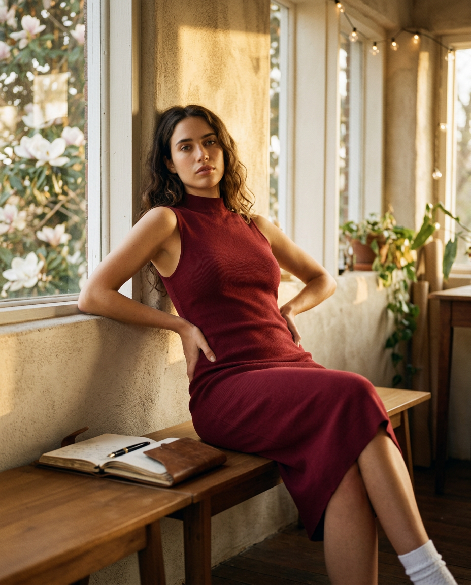 AI Editorial - Sage the Label Cliffside Sleeveless Mock Neck Midi Dress