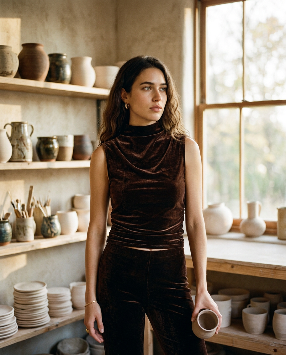 AI Editorial - Sadie & Sage Midnight Oil Velvet High Neck Ruched Top
