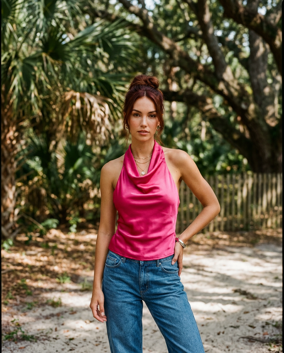 AI Editorial - LELIS Cowl Neck Satin Top with Strap
