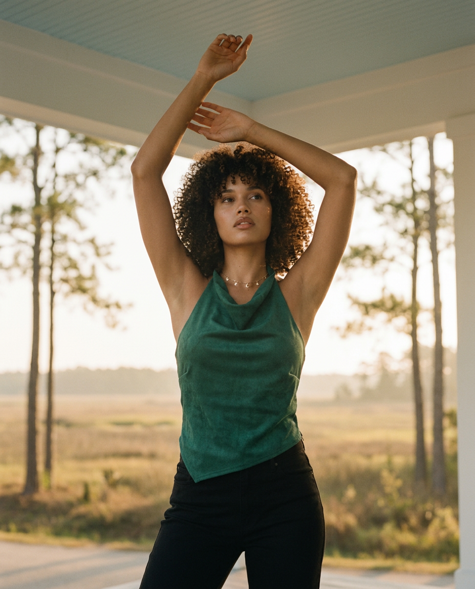 AI Editorial - LELIS Sleeveless Halter Neck Asymmetric Suede Top