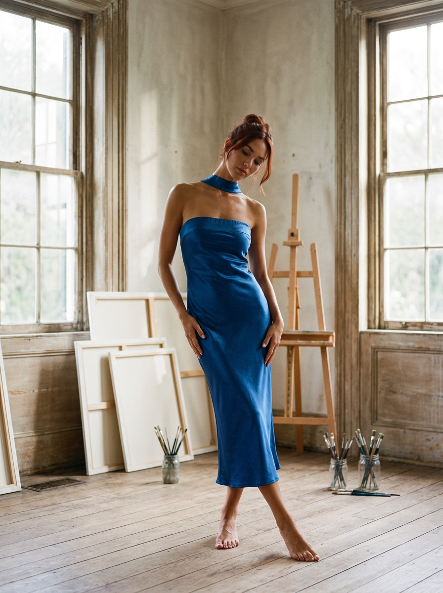 LELIS Strapless Scarf Detail Bias Satin Midi Dress