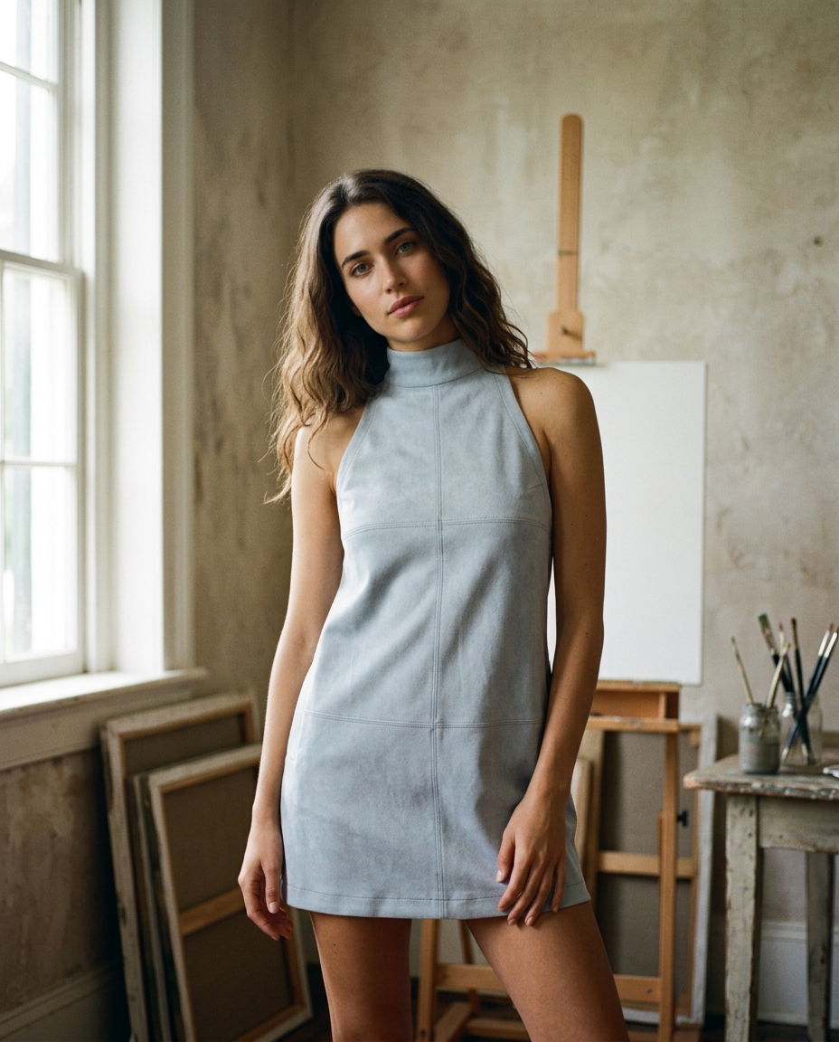 AI Editorial - Suede Mock Neck Plain Mini Dress