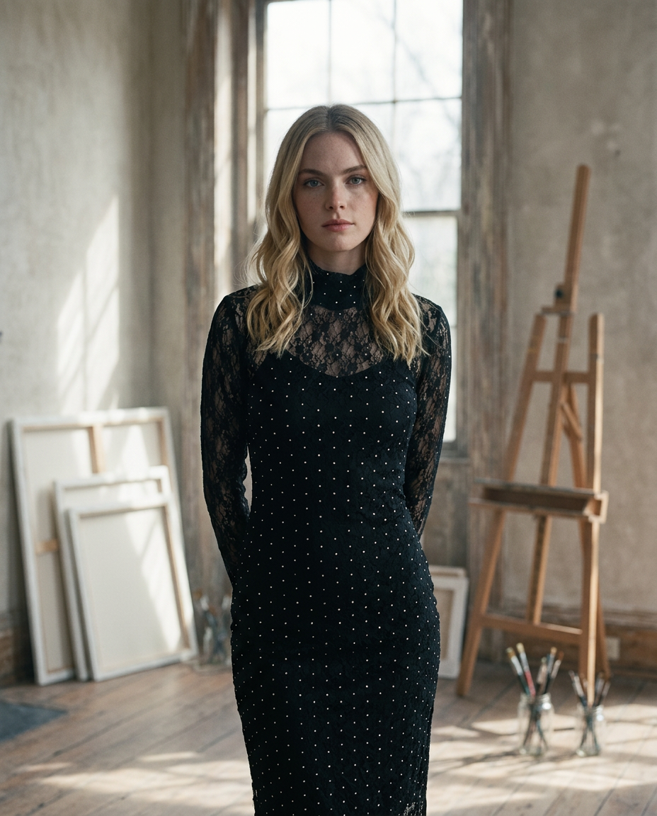 AI Editorial - Steve Madden Vivienne Studded Lace Dress