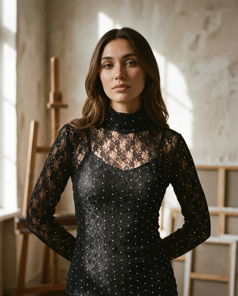 AI Editorial - Steve Madden Vivienne Studded Lace Dress