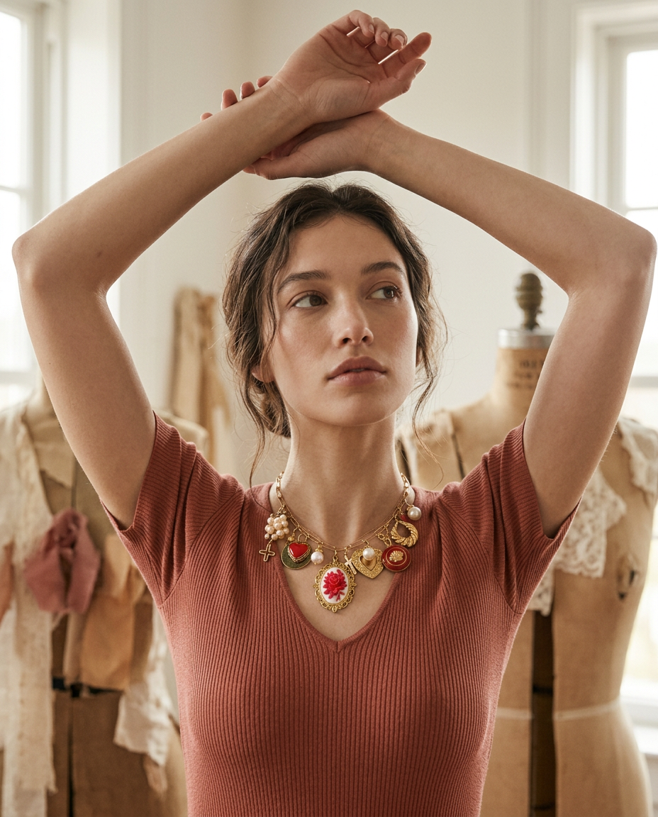 AI Editorial - OOAK Red Pearl Charm Necklace