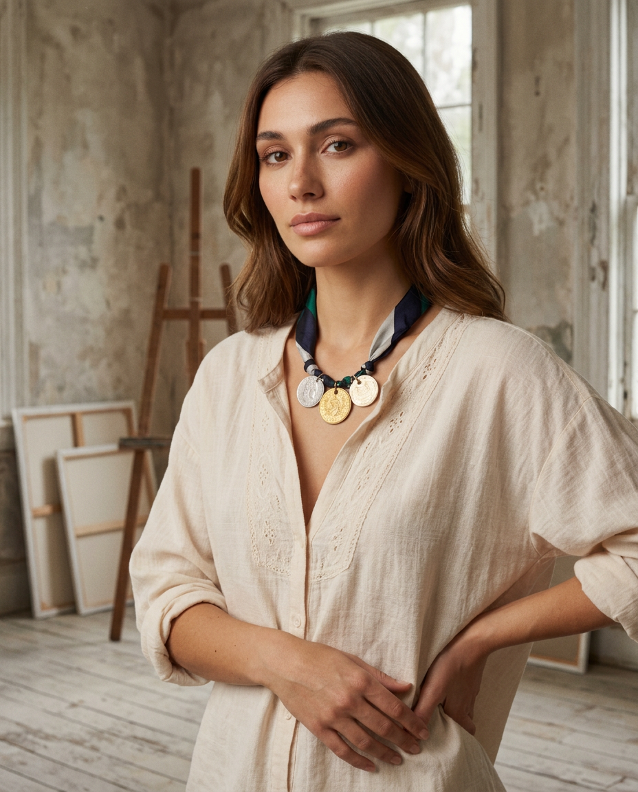 AI Editorial - OOAK Vintage Silk Tie/Foreign Coin Necklace