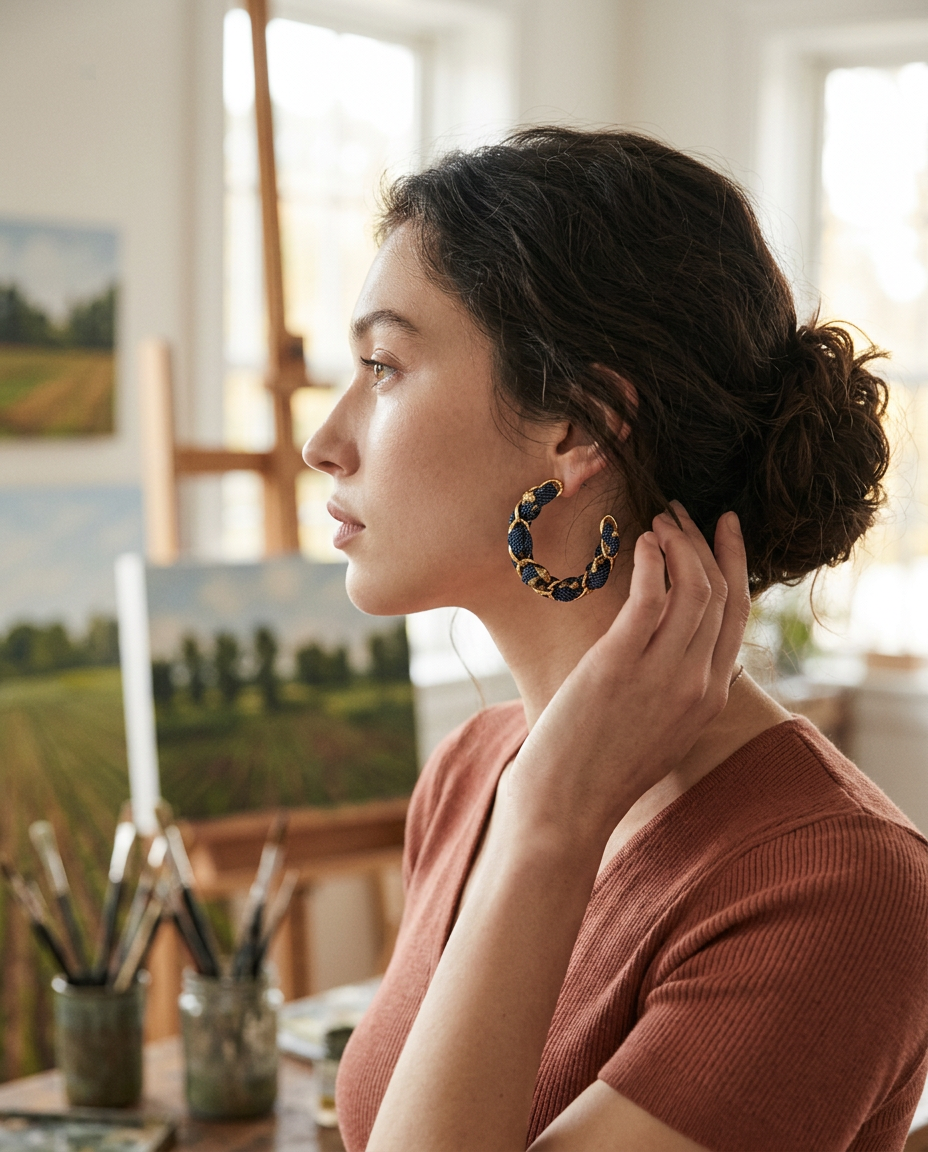 AI Editorial - Denim Leopard Scarf Hoop Earrings