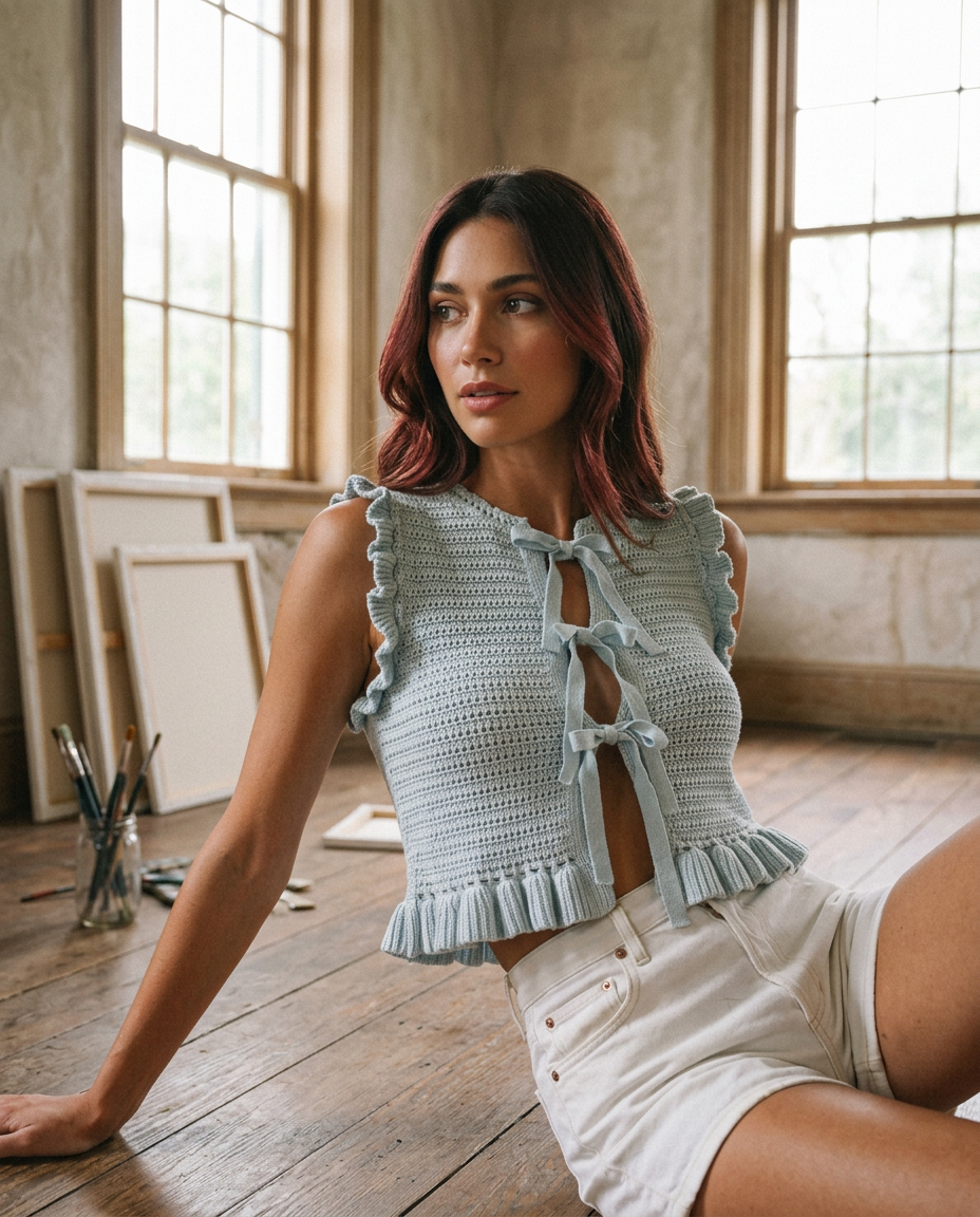 AI Editorial - Front Tie Crochet Knit Ruffle Knit Top