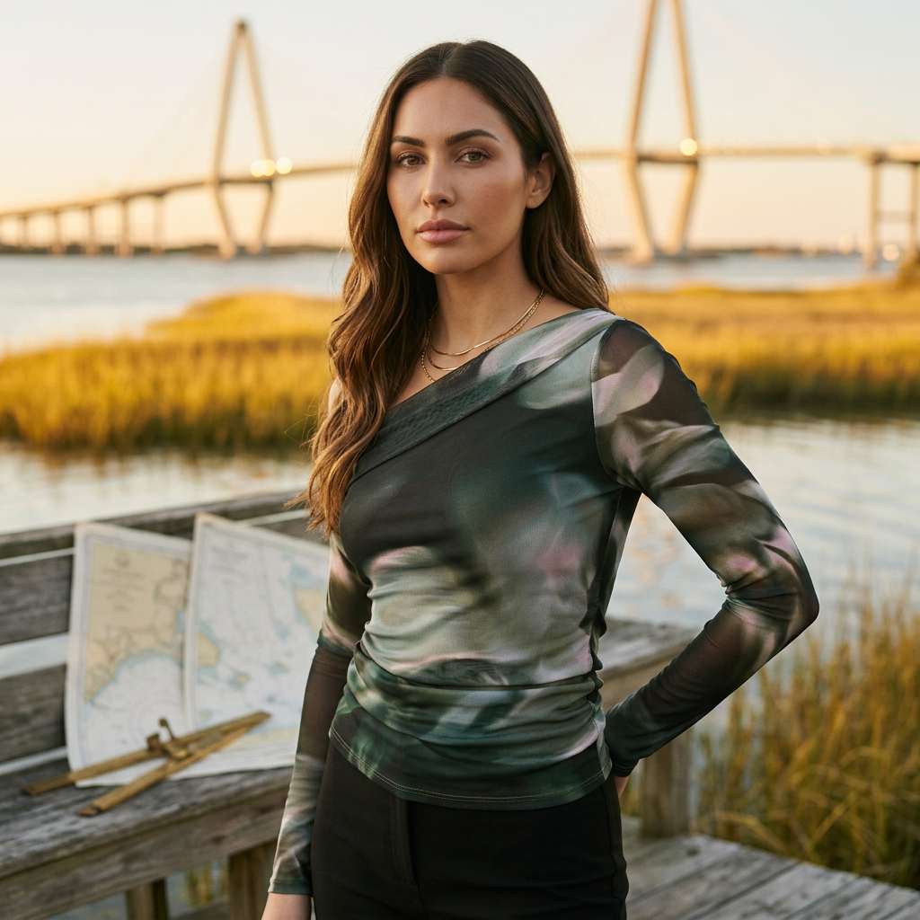 AI Editorial - Asymmetrical Off Shoulder Mesh Top
