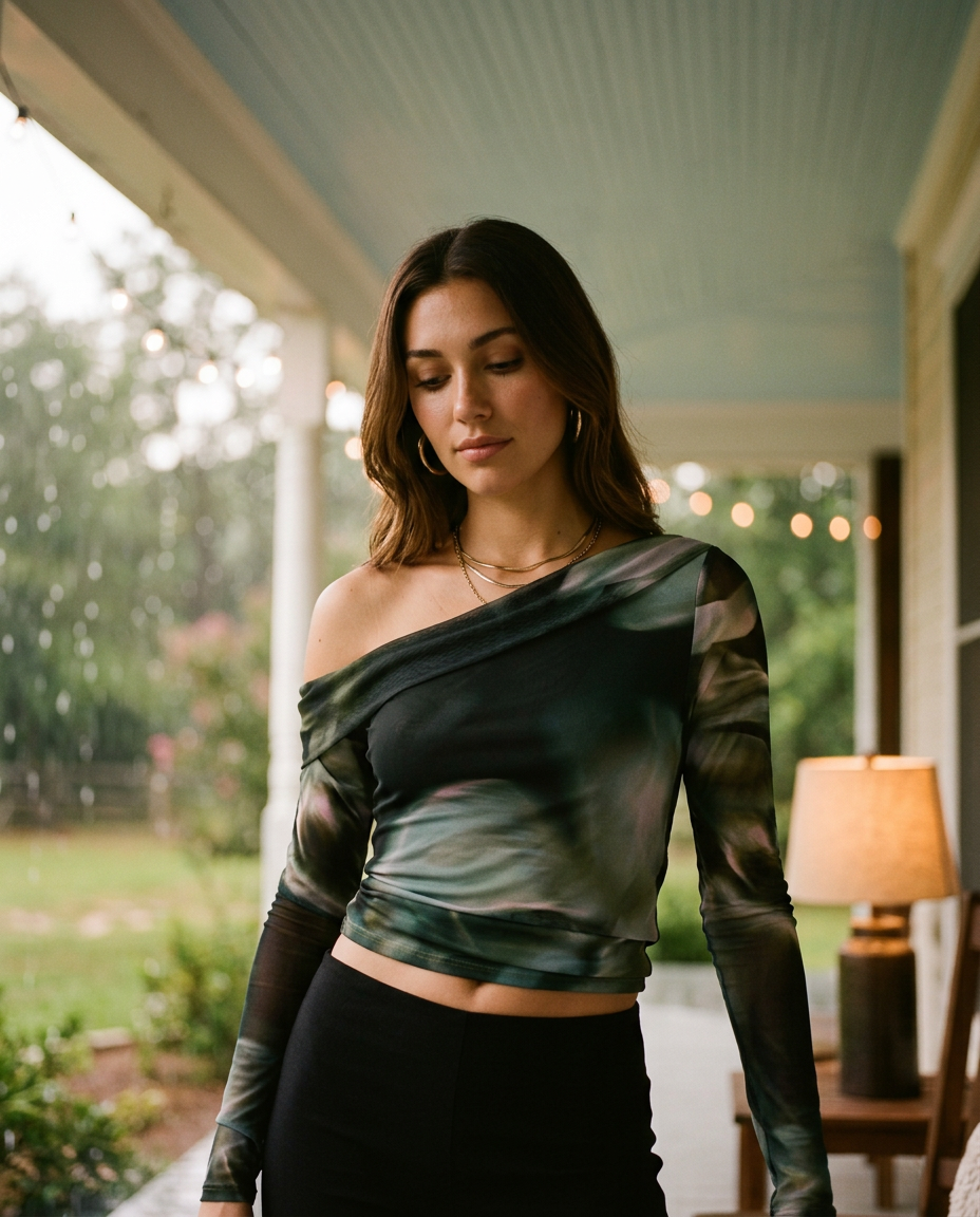 AI Editorial - Asymmetrical Off Shoulder Mesh Top