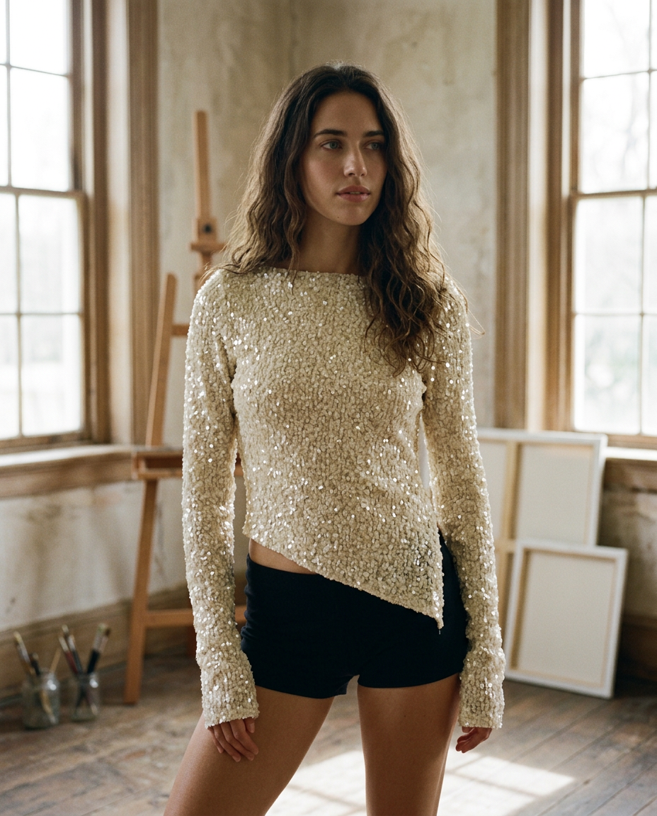 AI Editorial - Asymmetrical Sequin Top