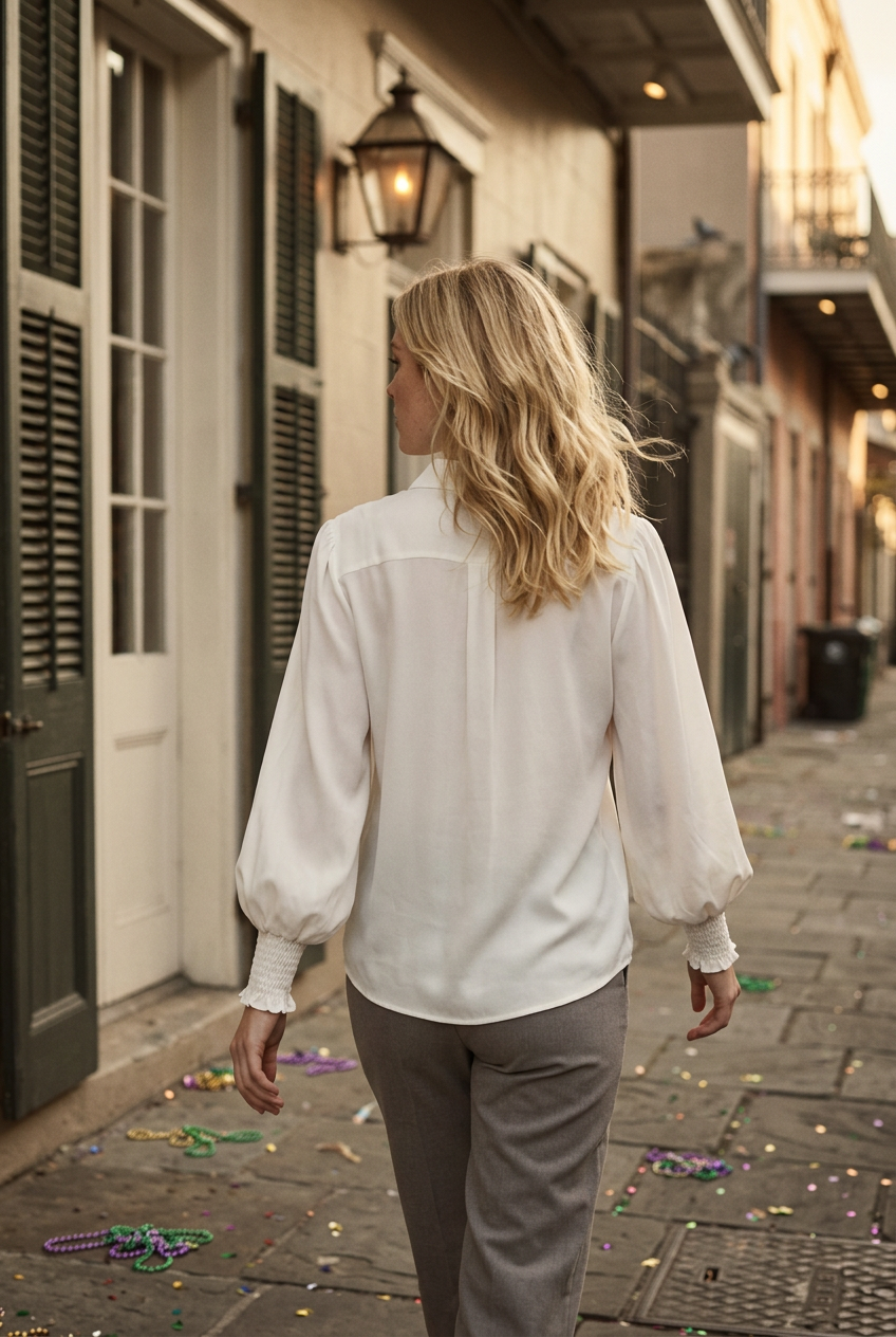 AI Editorial - Button Up Collared Blouse with Smocking