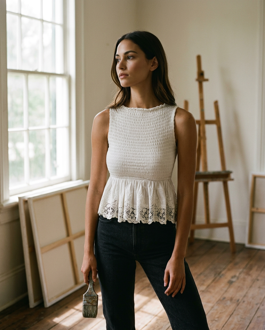 AI Editorial - Smocked Lace Hem Combo Sleeveless Top