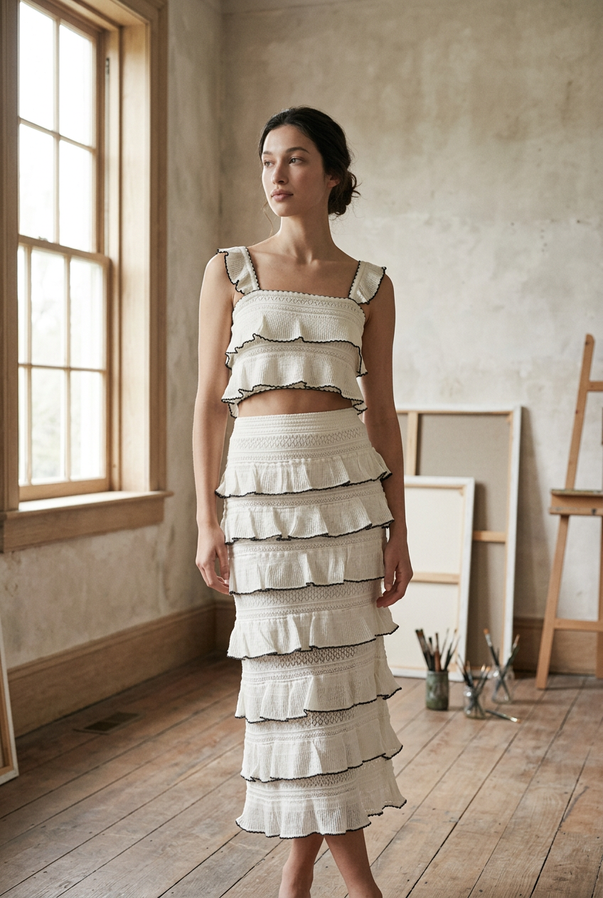 AI Editorial - Tiered Ruffled Knit Midi Skirt