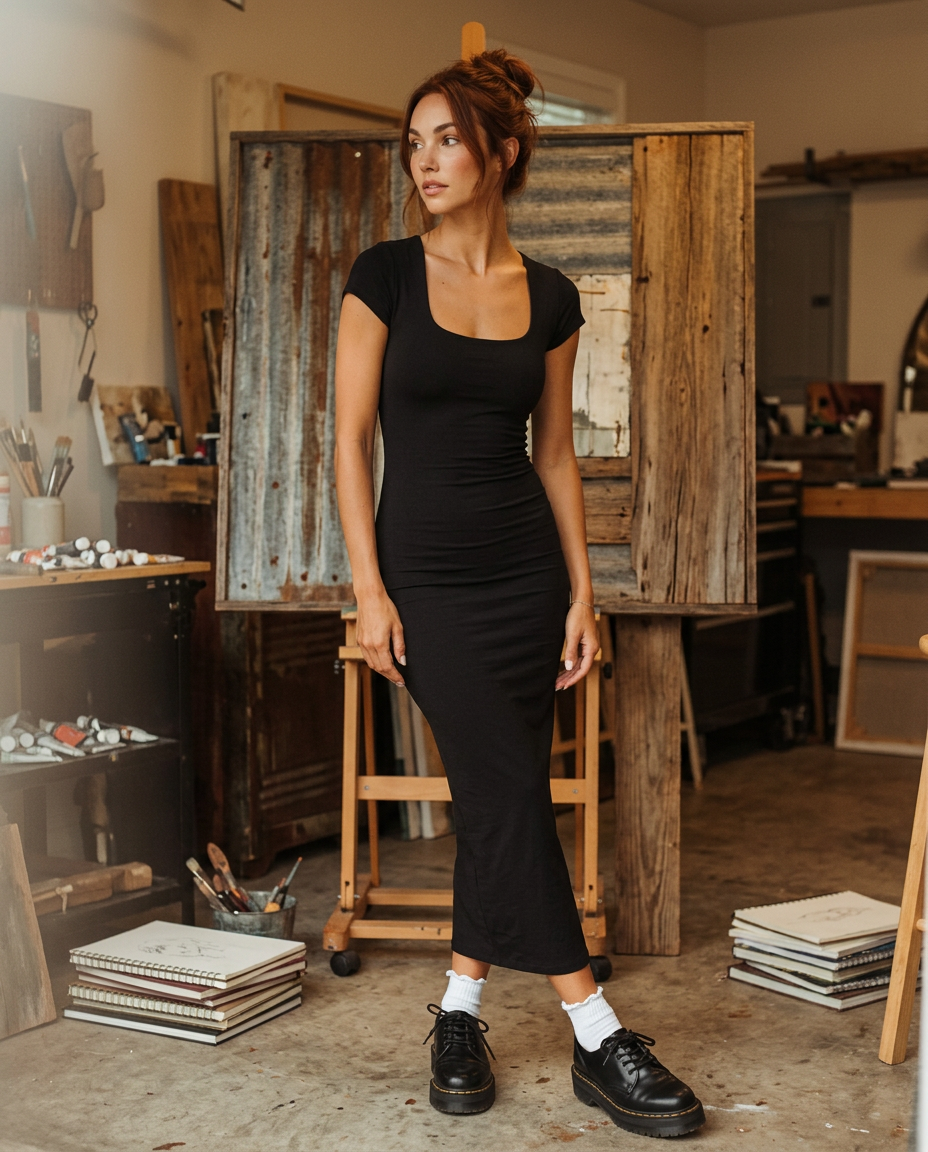 AI Editorial - Basic Midi Cap Sleeve Dress