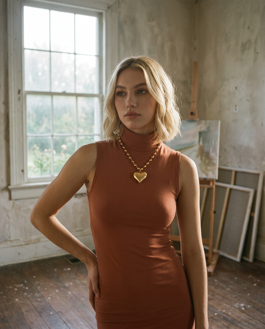 AI Editorial - Large Heart Charm18K Gold Plated Steel Necklace