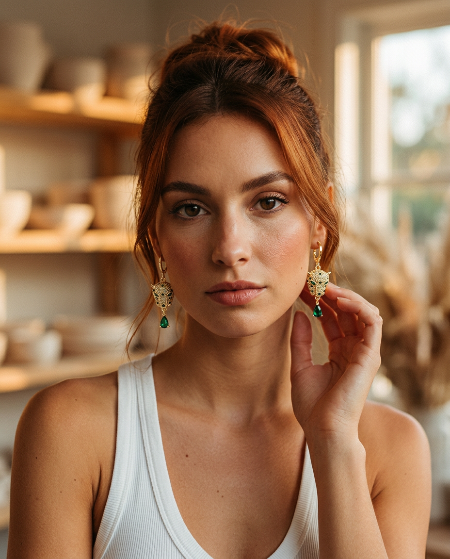 AI Editorial - Green Eye Cubic Zirconia Gold Leopard Head Huggie Earrings