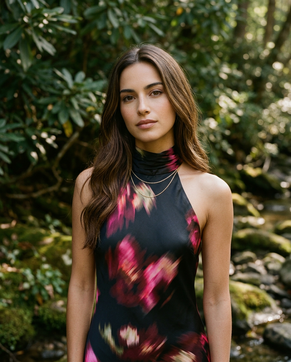 AI Editorial - Steve Madden Lara Floral Satin High Neck Maxi Dress