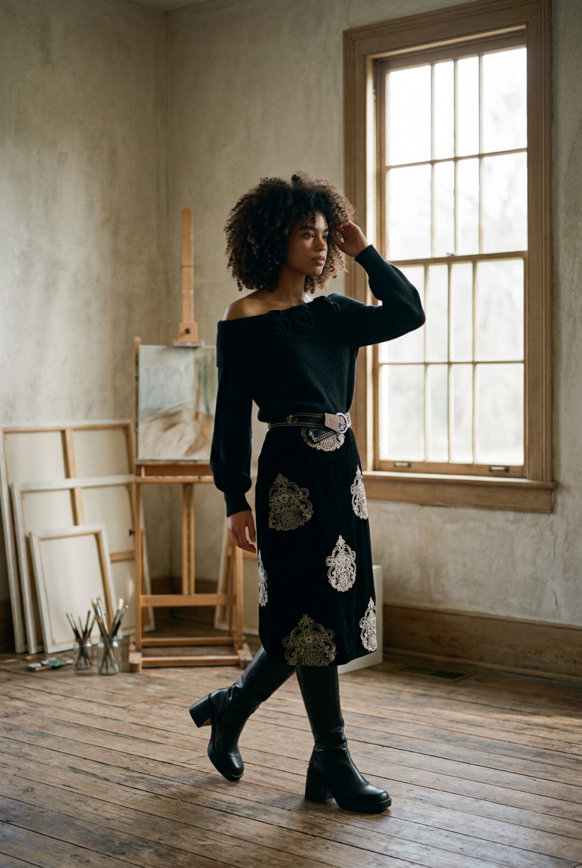 AI Editorial - Nekane Embroidered Velvet Skirt