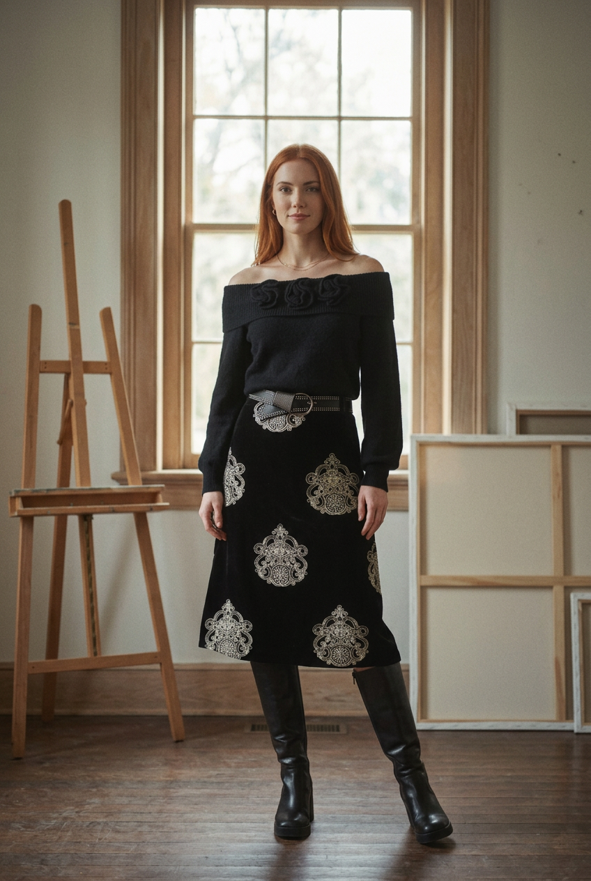 AI Editorial - Nekane Embroidered Velvet Skirt
