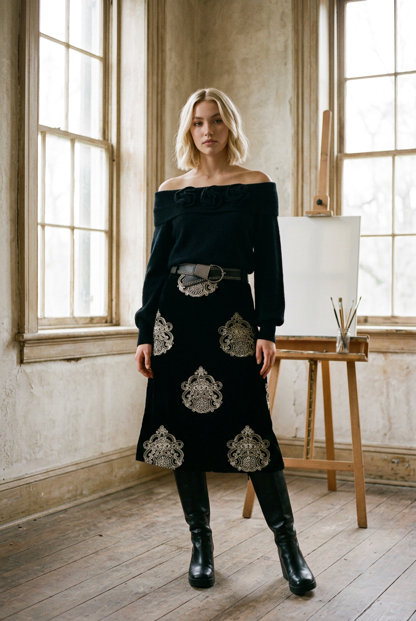 AI Editorial - Nekane Embroidered Velvet Skirt