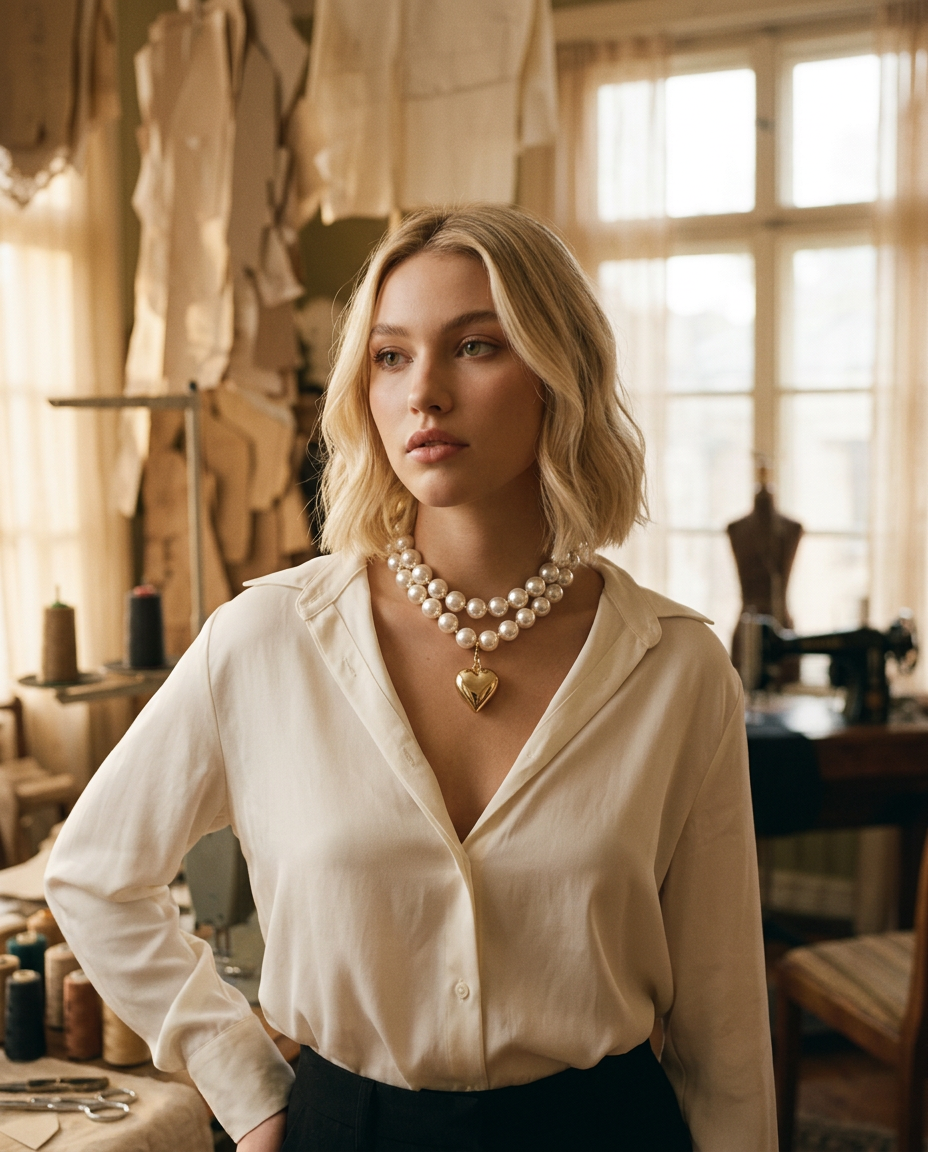 AI Editorial - Lustrous Pearl Beaded Layered Heart Necklace