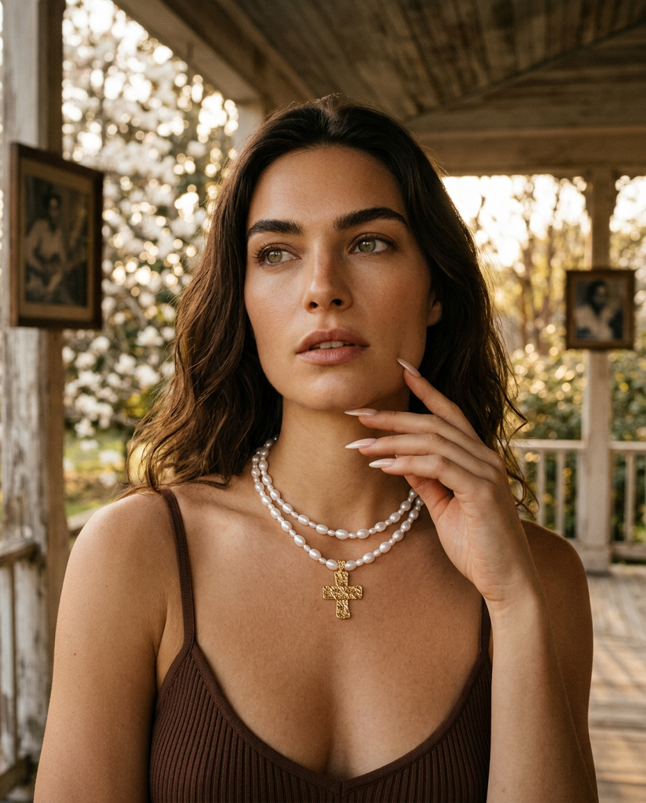AI Editorial - Lustrous Pearl Beaded Layered Cross Necklace