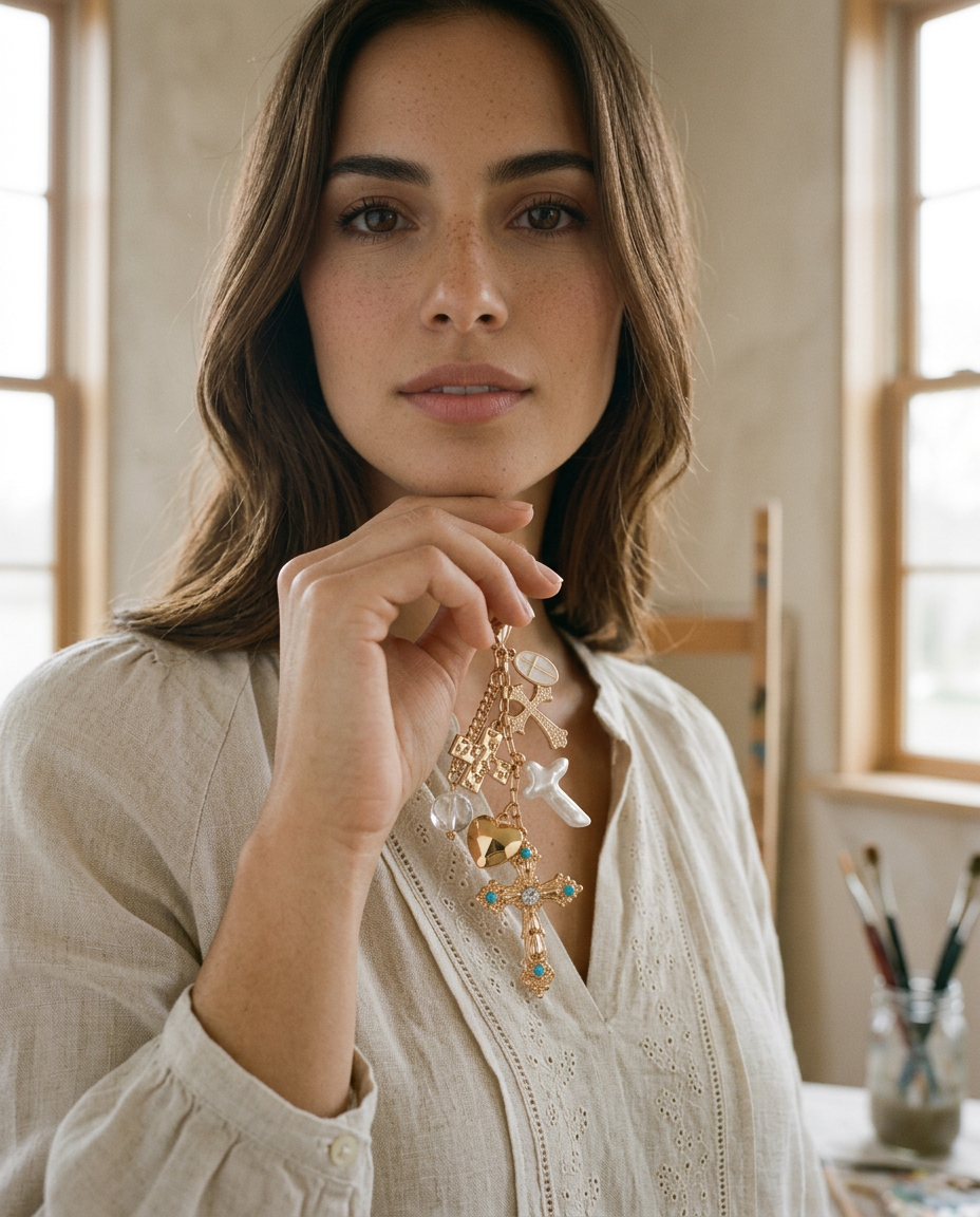 AI Editorial - Bag Charm- Western Heart Pearlized Cross