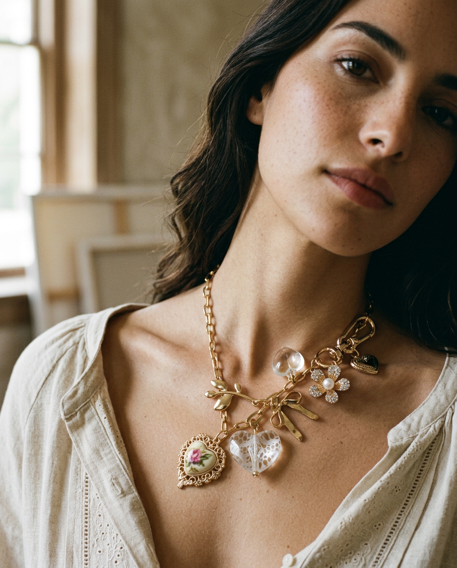 AI Editorial - Porcelain Lace Heart Floral Bag Charm