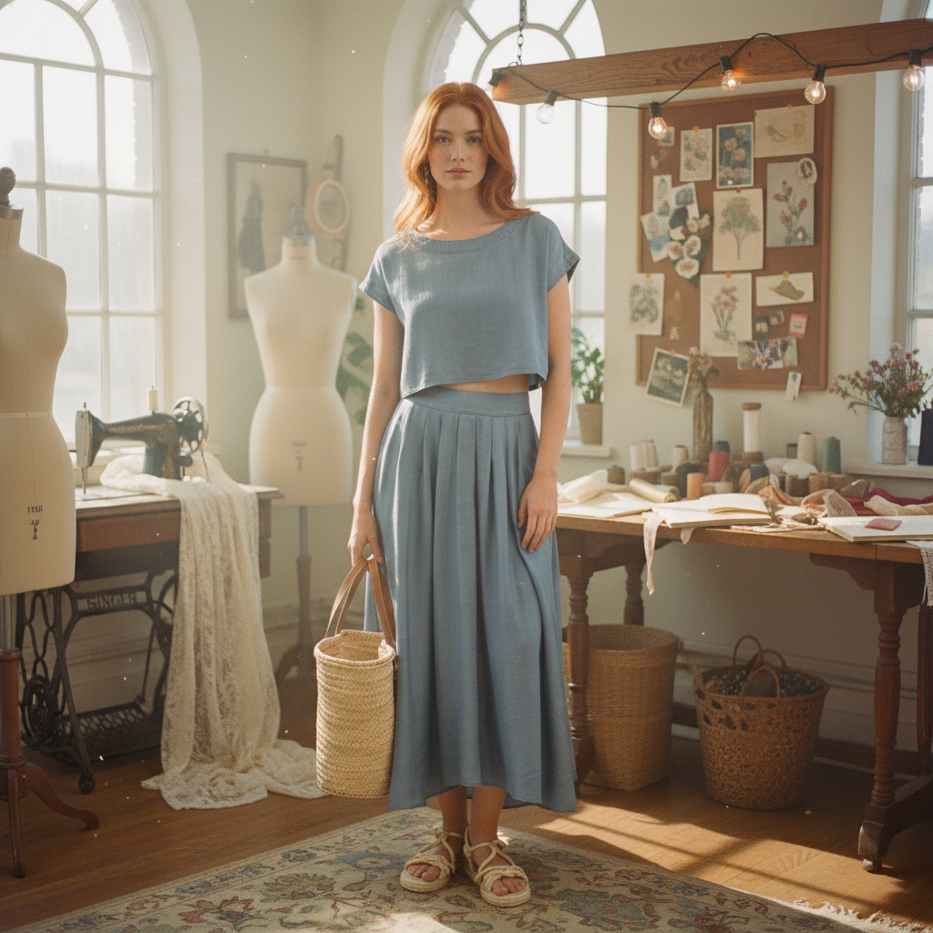AI Editorial - Chambray Boat Neck Boxy Crop Top