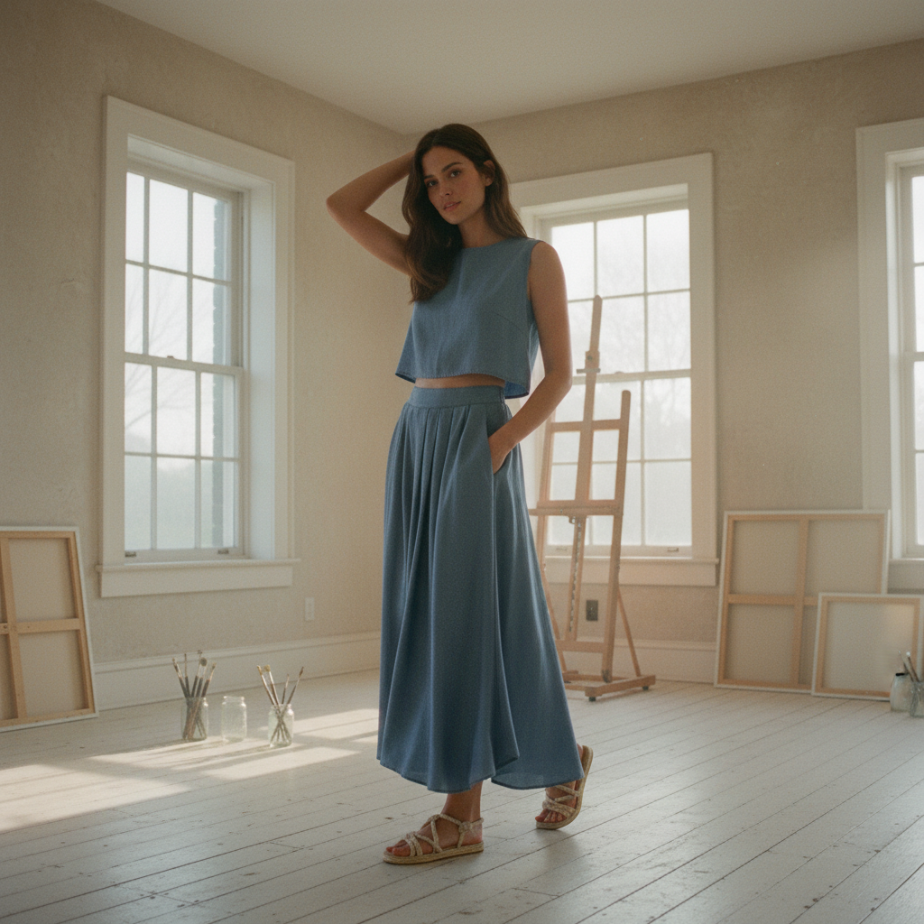 AI Editorial - Chambray Pleated Midi Skirt
