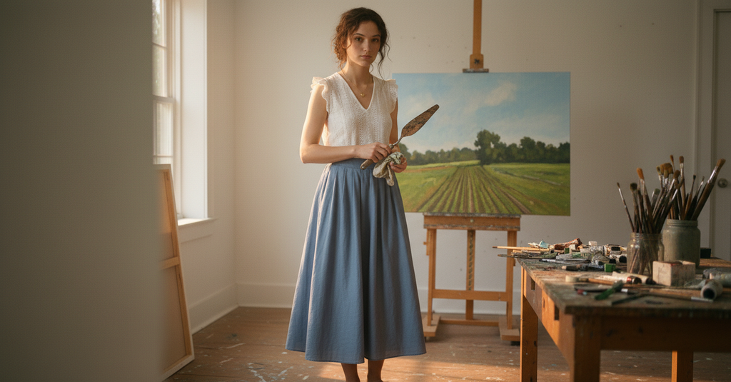 AI Editorial - Chambray Pleated Midi Skirt