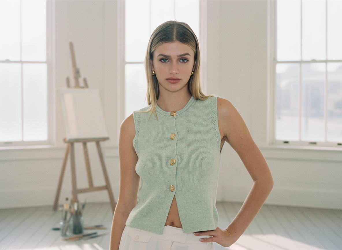 AI Editorial - Gold Seashell Button Down Knit Cardigan Vest