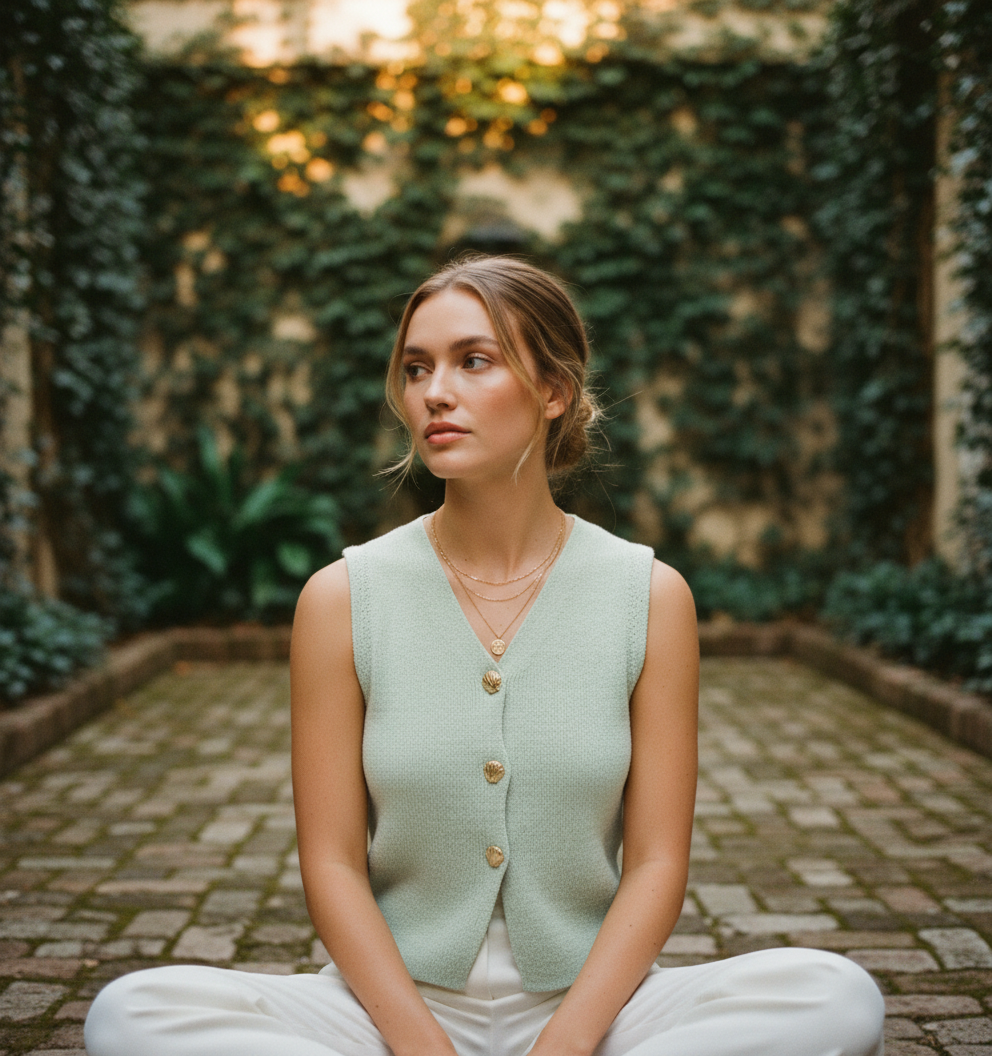 AI Editorial - Gold Seashell Button Down Knit Cardigan Vest