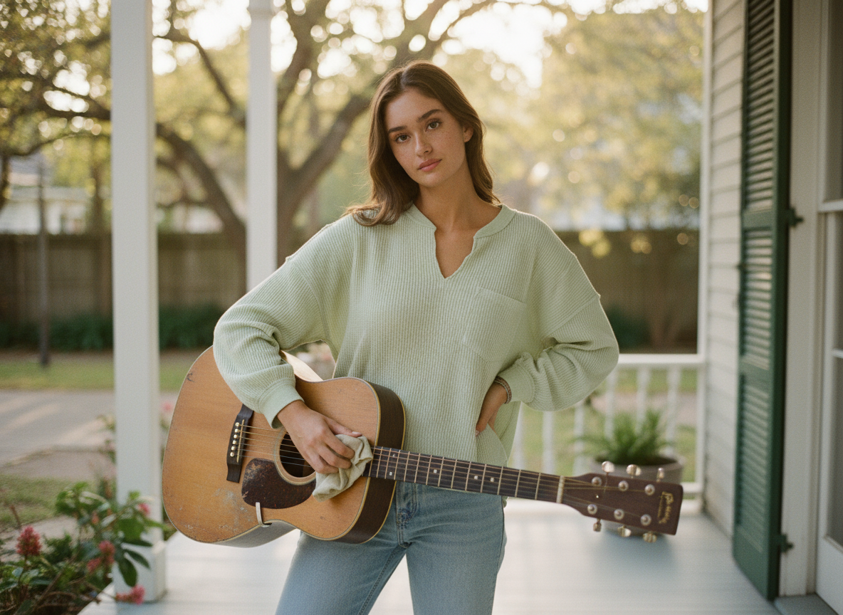 AI Editorial - Split Neck Raw Edge Long Sleeve Ribbed Top