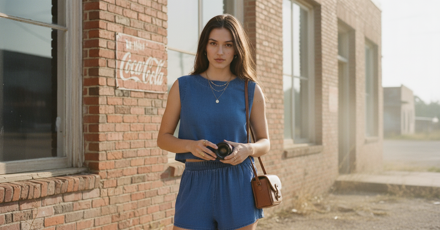 AI Editorial - Chambray Back Half Button Detail Crop Top
