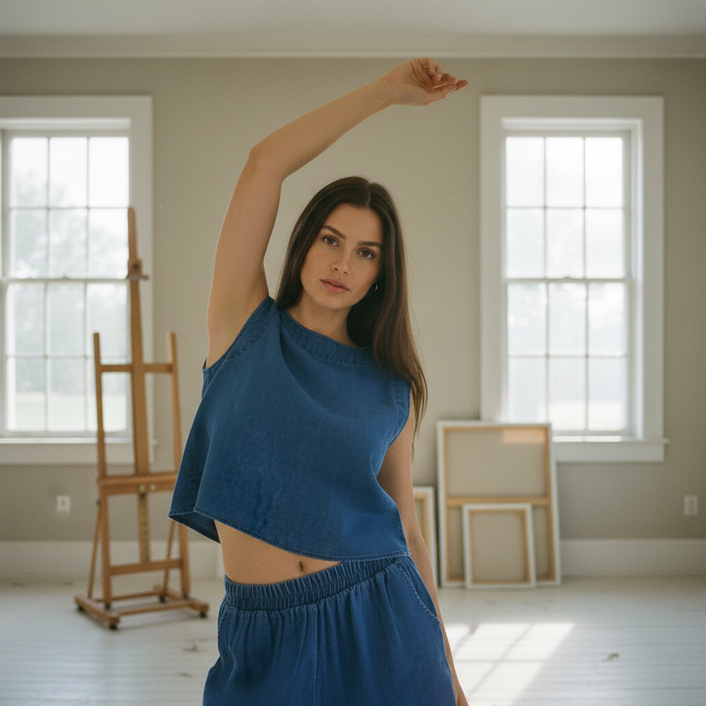 AI Editorial - Chambray Back Half Button Detail Crop Top