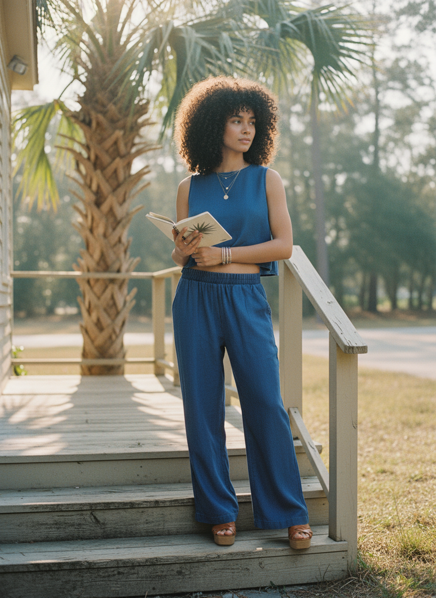 AI Editorial - Chambray Elastic High Waist Wide Leg Pant