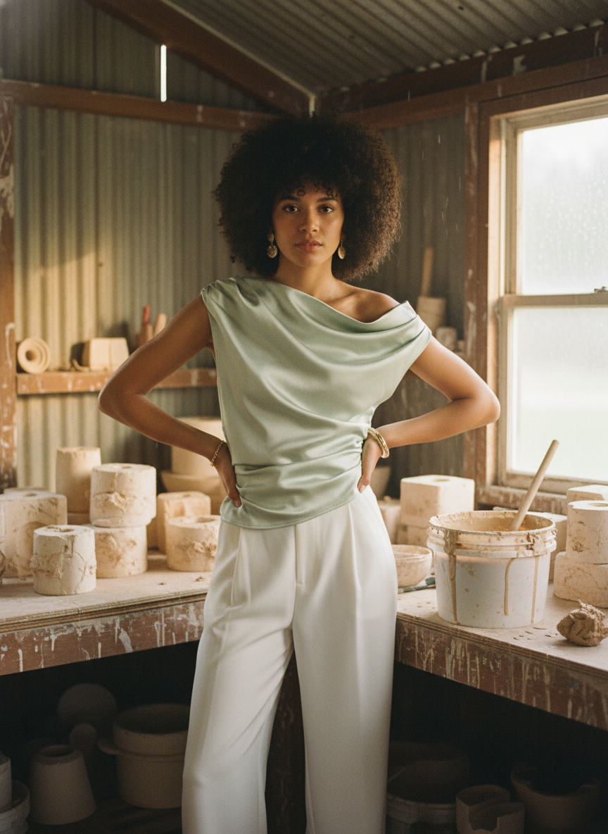 AI Editorial - Asymmetrical Off The Shoulder Satin Top